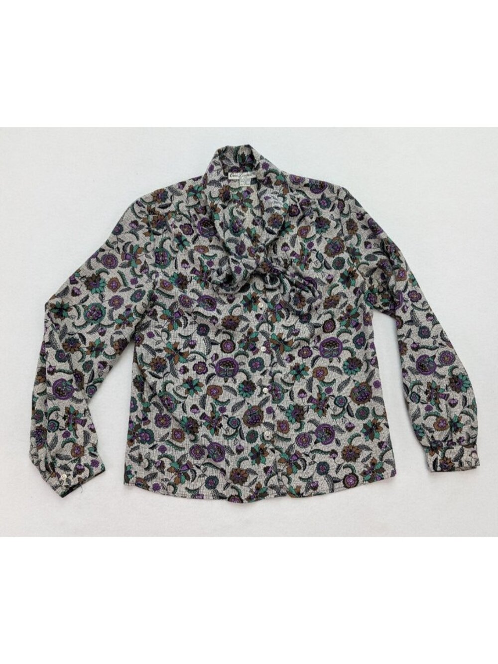 Eva Laurel Vintage 80s Women's Blouse Size 10 Gray Purple Floral Print Bow
